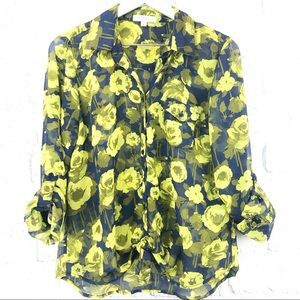 Blue & Yellow Floral Tab Sleeve Sheer Top